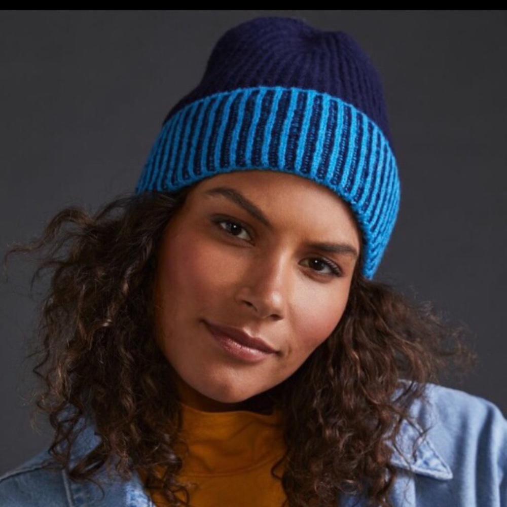 Anthropologie blue beanie Maeve two-tone hat cap cozy chic winter fall NEW